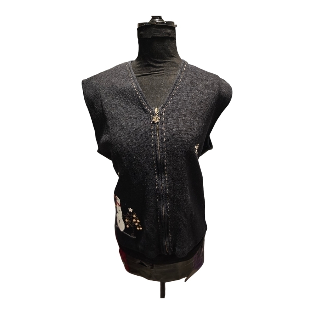 Vintage Woolrich Winter Snowman Applique zip front Vest Black Vest sz XL - Picture 4 of 12